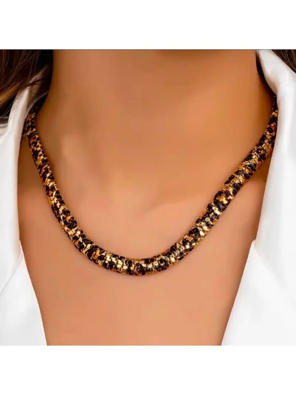 Gold and Black Woven Chain Necklace